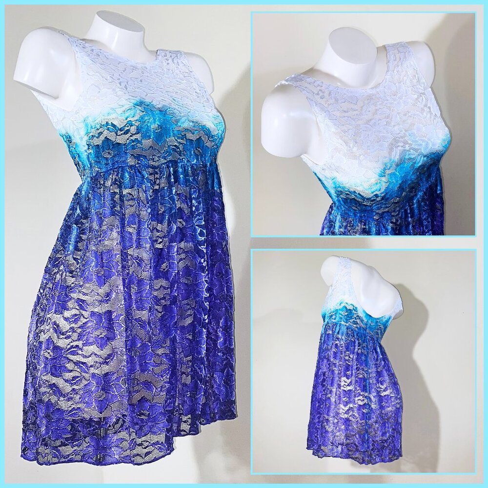 PRETTY NEW "WATERCOLOUR" M/L TEAL & PURPLE SHORT SLEEVE SHEER LACE COVER DRESS